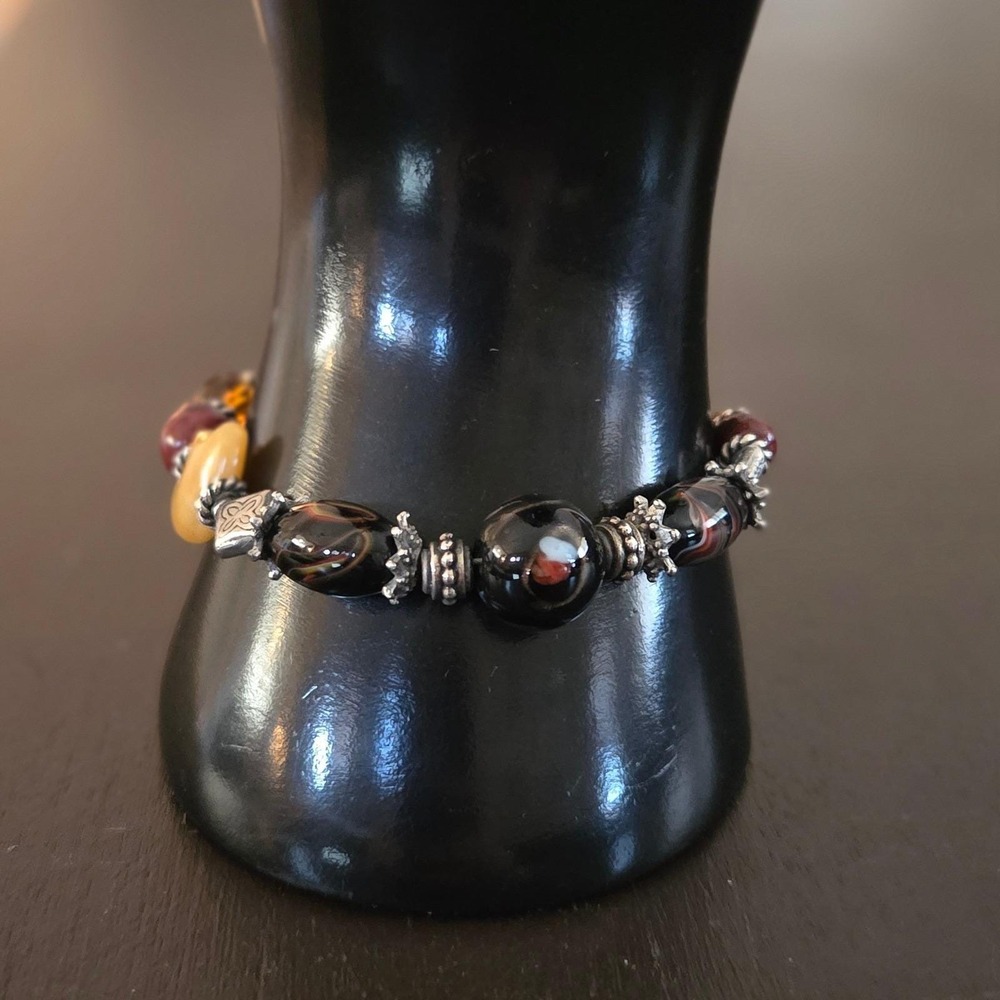 Artisan Beaded Bracelet Lampwork Glass Stone SilverToggle Clasp Boho Black